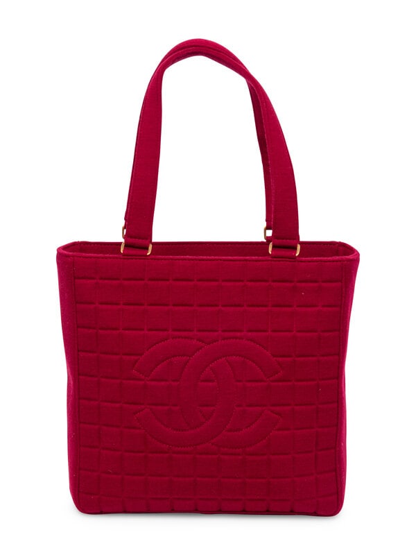 Chanel, Burgundy Quilted Jersey Tote: Chanel, Burgundy Quilted Jersey Tote Chocolate Bar tote bag in quilted burgundy wool jersey knit with brushed gold-tone hardware. Zipper closure and flat handles. Label: Chanel Serial