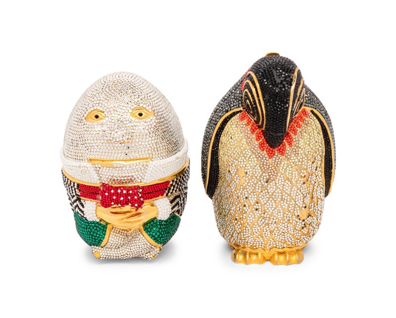 Judith Leiber, Humpty Dumpty & Penguin Miniaudière: Judith Leiber, Humpty Dumpty & Penguin Miniaudière THE FIRST Humpty Dumpty miniaudière in gold-tone metal with multicolor crystal embellishments throughout. Features a push-lock
