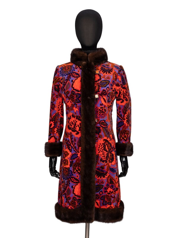Bill Blass for Maurice Rentner, Velvet Printed Coat: Bill Blass for Maurice Rentner, Velvet Printed Coat Knee-length A-line coat in multicolor paisley-printed cotton velvet, trimmed with dark brown mink fur. Nehru stand collar. Wrist-length sleeves