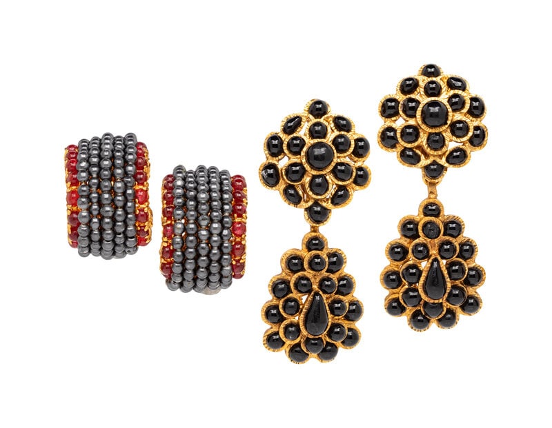 Chanel, Two Pairs of Ear Clips: Chanel, Two Pairs of Ear Clips THE FIRST Pair of beaded ear clips in gold-tone metal with translucent red and opaque deep blue bead embellishments. Stamped 'CHANEL' at back. Includes box. <