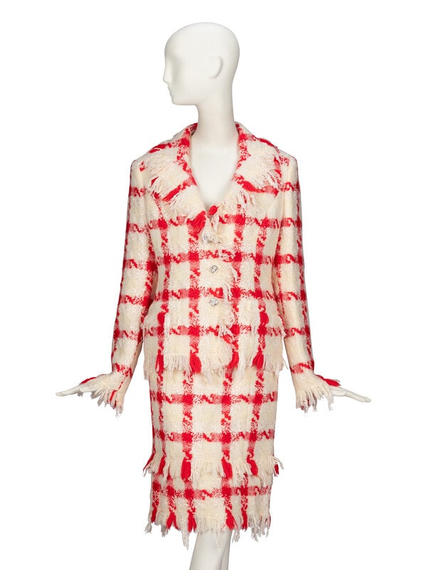 Versace, Fringed Tweed Skirt Suit: Versace, Fringed Tweed Skirt Suit As seen in runway look #19 of the A/W 2004 ready-to-wear collection by Donatella Versace for Versace. THE FIRST Tailored jacket in red & white pla