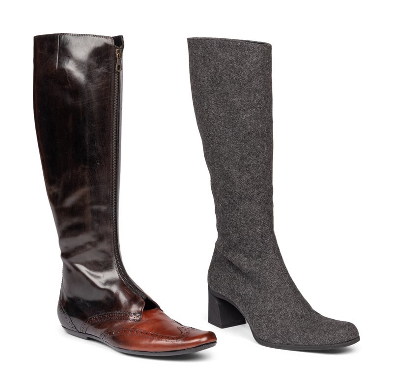 Two Pairs of Designer Boots, Prada and Dries Van Noten : Two Pairs of Designer Boots, Prada and Dries Van Noten THE FIRST Two-tone knee-high flat boot with brown leather wingtip foot and glossy dark brown shaft. Exposed front zipper closure and bro