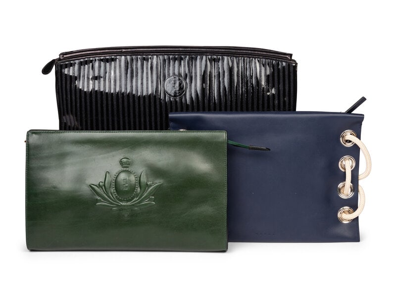Fendi & Marni, Three Flat Leather Clutches: Fendi & Marni, Three Flat Leather Clutches THE FIRST Clutch in dark green leather with embossed Fendi insignia at front. Zipper closure. Retains original Neiman Marcus retail rag. <