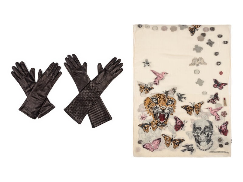 Two Pairs of Fine Leather Gloves & Alexander McQueen Scarf: Two Pairs of Fine Leather Gloves & Alexander McQueen Scarf THE FIRST Below-elbow length gloves in black lambskin leather with intrecciato woven details at arms. Fully lined in black silk j