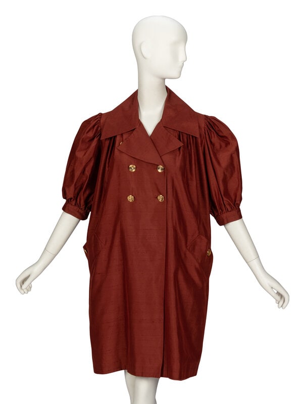 Christian Lacroix Dress : Christian Lacroix Dress Knee-length tent dress in rust-colored cotton/silk-blend slubbed fabric. Wide pointed collar and notched lapels. Elbow-length gathered poof sleeves with buttoned sleeve c