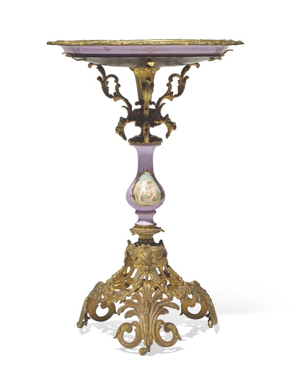 A Rococo-Revival Sèvres Style Porcelain-Mounted Gilt-Bronze Gueridon: A Rococo-Revival Sèvres Style Porcelain-Mounted Gilt-Bronze Gueridon Late 19th Century the top mounted with round porcelain platter, the porcelain throughout pai