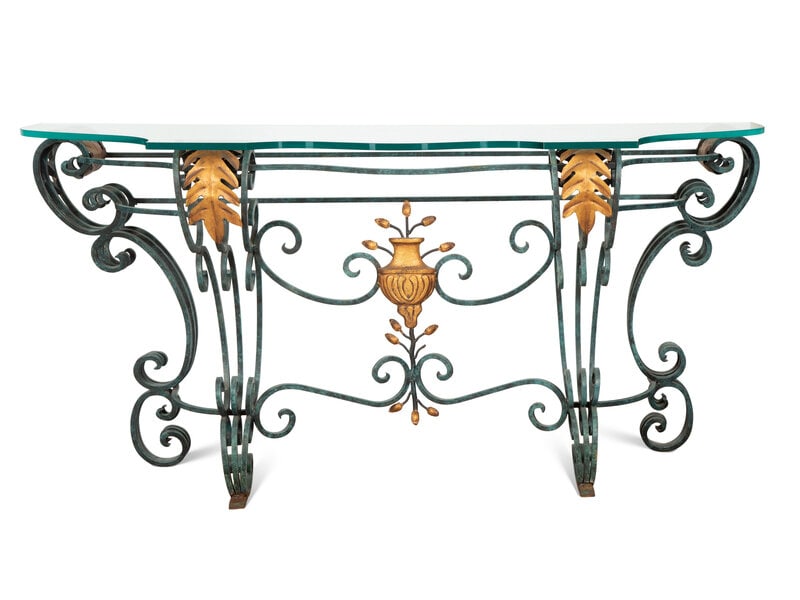 A Painted and Parcel Gilt Wrought Iron Glass-Top Console Table: A Painted and Parcel Gilt Wrought Iron Glass-Top Console Table 20th Century Height 34 1/2 x width 71 x depth 22 1/2 inches. This lot is located in Palm Beach. <