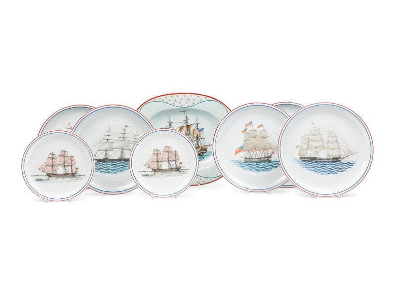 A Group of Mottahedeh Our Maritime Heritage Porcelain Articles: A Group of Mottahedeh Our Maritime Heritage Porcelain Articles 20th Century comprising five dinner plates, two salad plates, and one platter; 8 items total. Diameter of dinner pla