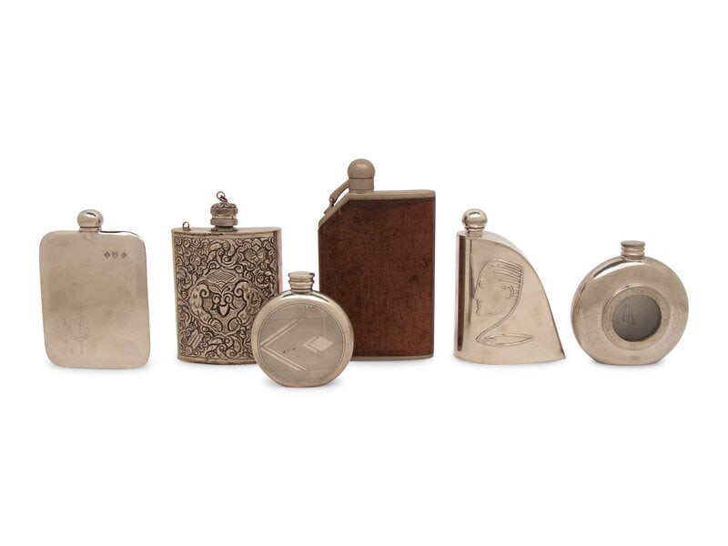 A Group of Six Pewter and Silver-Plate Flasks (1 of 2)