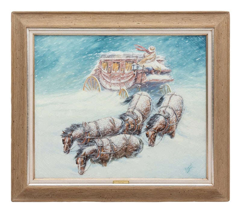 August (Curley) Lennox (American, 1908-1986) Snowbound Coach: August (Curley) Lennox (American, 1908-1986) Snowbound Coach oil on canvas 30 x 36 inches. Property from the Collection of a Missouri Company This lot is located in Denver.