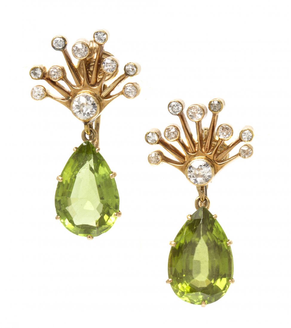 A Pair of Vintage Yellow Gold, Peridot and Diamond Earr: A Pair of Vintage Yellow Gold, Peridot and Diamond Earrings, consisting of two pear shape peridot weighing approximately 14.00 carats total and 20 old European cut diamonds weighing approximately 1.20