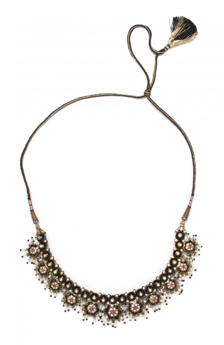 A Yellow Gold, Cultured Pearl, Ruby, Diamond and Polych: A Yellow Gold, Cultured Pearl, Ruby, Diamond and Polychrome Enamel Necklace, in a Mughal style, consisting of 23 domed sections accented with black enamel and centered around bezel set rose cut diamon