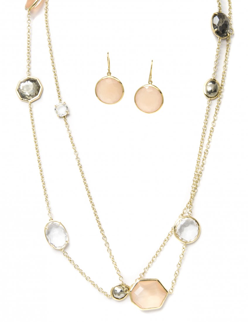 An 18 Karat Yellow Gold Multi Gem Demi Parure, Ippolita: An 18 Karat Yellow Gold Multi Gem Demi Parure, Ippolita, consisting of a necklace containing 10 bezel and prong set faceted stones joined with cable link chain, together with a pair of matching drop e