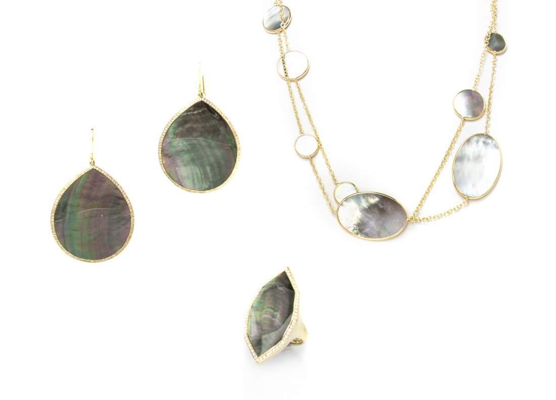 A Set of 18 Karat Yellow Gold, Diamond and Mother-of-Pe: A Set of 18 Karat Yellow Gold, Diamond and Mother-of-Pearl Jewelry, Ippolita, consisting of a navette shape ring containing a mother-of-pearl plaque within a surround containing numerous round brillia