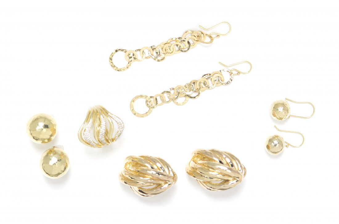 A Collection of 18 Karat Yellow Gold Jewelry, Ippolita,: A Collection of 18 Karat Yellow Gold Jewelry, Ippolita, consisting a wirework ring containing numerous round brilliant cut diamonds weighing approximately 0.75 carat total, together with four pairs of