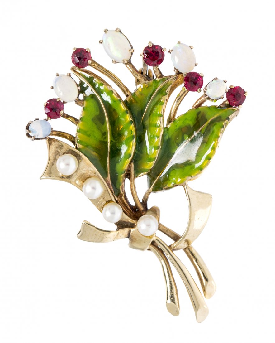 A 14 Karat Yellow Gold, Enamel, Opal and Paste Brooch, : A 14 Karat Yellow Gold, Enamel, Opal and Paste Brooch, containing four pearls measuring approximately 3.20 mm in diameter, five oval cabochon cut crystal opals and five round faceted red paste within