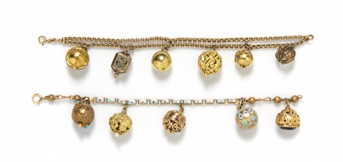A Collection of Antique Yellow Gold Charm Bracelets, 26: A Collection of Antique Yellow Gold Charm Bracelets, consisting of a gold link and textured bead bracelet accented with blue, green, gold and red enamel suspending five gold and gold tone charms accen