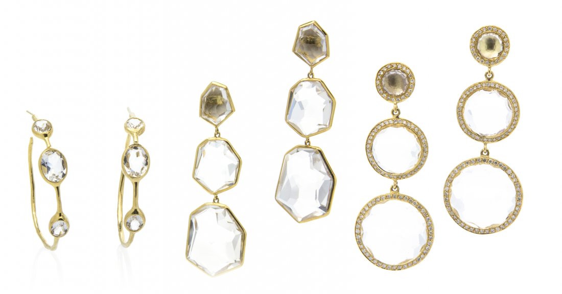 A Collection of 18 Karat Yellow Gold, Diamond and Rock : A Collection of 18 Karat Yellow Gold, Diamond and Rock Crystal Earrings, Ippolita, consisting of a pair of drop earrings containing six graduated round double rose cut rock crystal within surrounds co