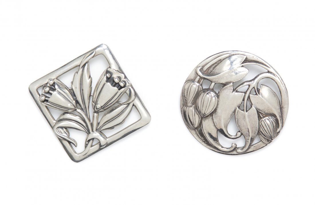 A Collection of Sterling Silver Floral Motif Brooches, : A Collection of Sterling Silver Floral Motif Brooches, consisting of a square Sterlingcraft brooch by Coro measuring approximately 44.50 x 44.50 mm, an iris motif brooch measuring approximately 63.50