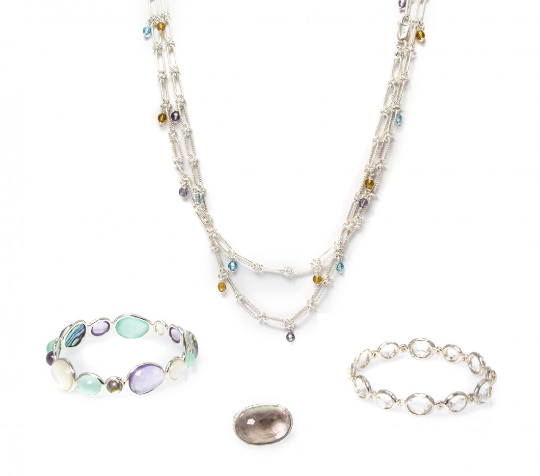 A Collection of Sterling Silver, Diamond and Multi Gem : A Collection of Sterling Silver, Diamond and Multi Gem Jewelry, Ippolita, consisting of a bangle bracelet containing 12 bezel set rose cut crystal and 12 round brilliant cut diamonds, a bangle bracele