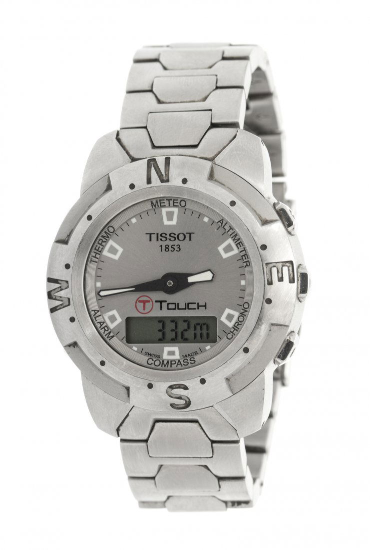 A Stainless Steel T-Touch Wristwatch, Tissot.: A Stainless Steel T-Touch Wristwatch, Tissot. 41.00 mm case diameter, matte silvered dial signed TISSOT, luminous numerals, luminous sword hands, digital aperture between four and 4 and 8 o'clock, pol