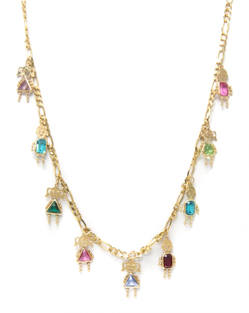 A 14 Karat Yellow Gold Necklace with Nine Attached Crys: A 14 Karat Yellow Gold Necklace with Nine Attached Crystal Charms, consisting of nine articulated boy and girl charms set with multi colored crystals suspend on a figaro chain link necklace. Stamp: 14