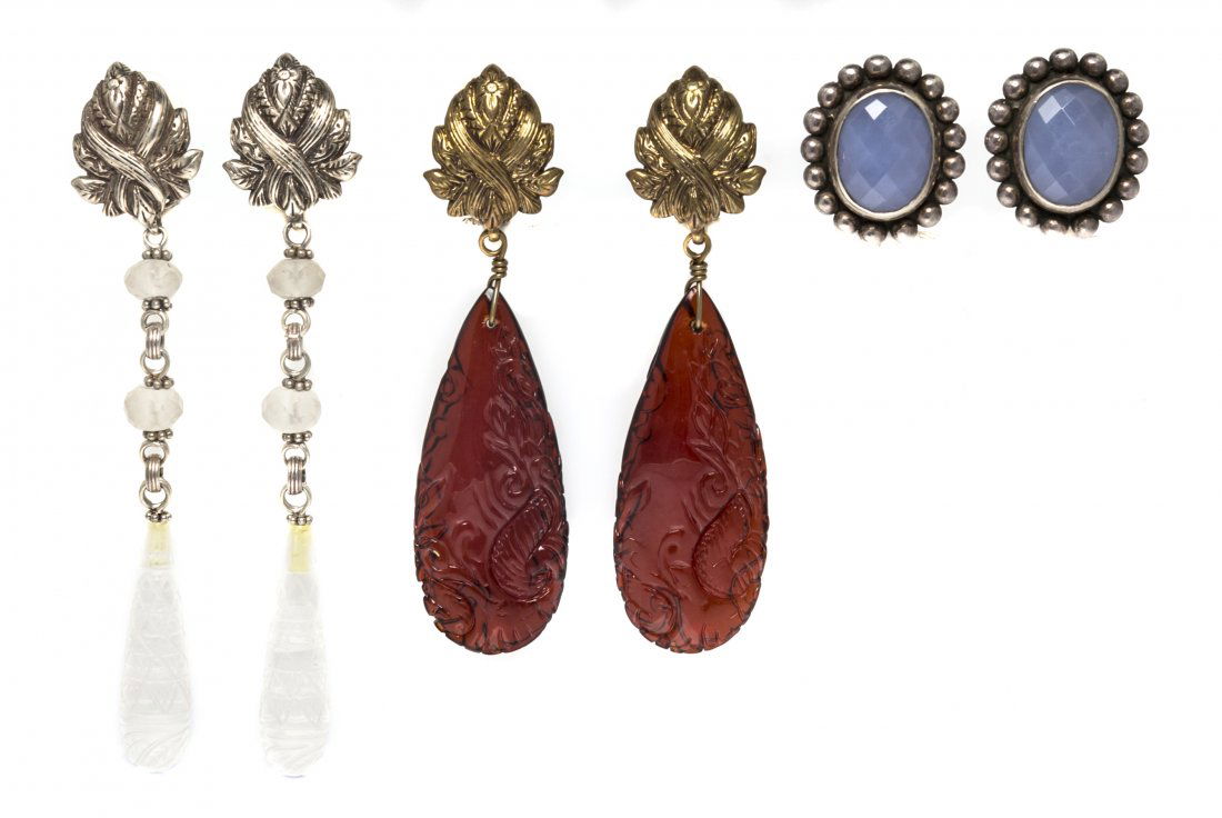 A Collection of Sterling Silver and Gem Earclips, Steph: A Collection of Sterling Silver and Gem Earclips, Stephen Dweck, consisting of a pair containing two oval checkerboard top blue chalcedony measuring approximately 16.00 x 12.35 mm within beaded settin