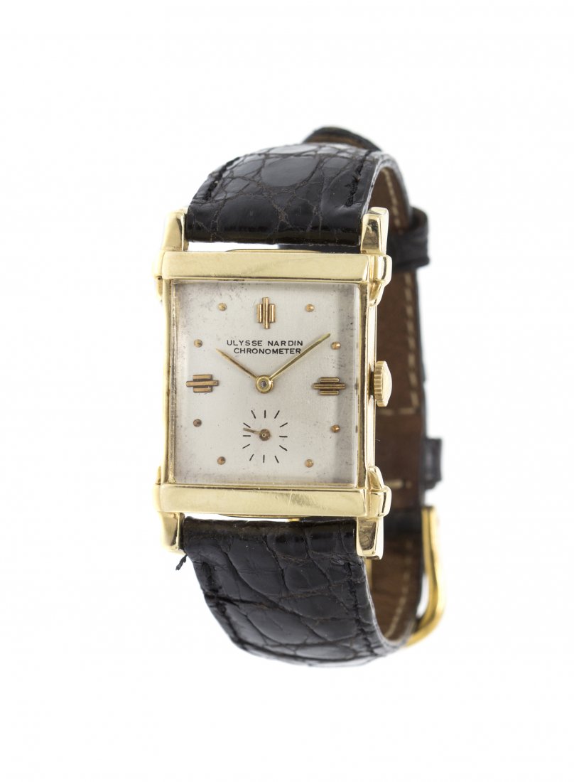 A Vintage 14 Karat Yellow Gold Chronometer Wristwatch, : A Vintage 14 Karat Yellow Gold Chronometer Wristwatch, Ulysse Nardin, 27.50 x 25.00 mm case dimensions, matte silvered dial, applied gilt dot and triple baton numerals, gilt baton hands, subdial for s