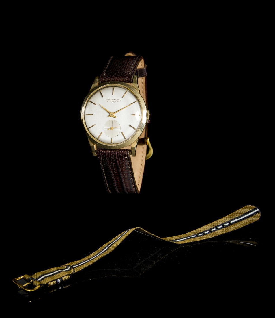 A Vintage 14 Karat Yellow Gold Chronometer Wristwatch, : A Vintage 14 Karat Yellow Gold Chronometer Wristwatch, Ulysse Nardin, 33.00 mm case diameter, matte silvered dial, applied gilt baton numerals, gilt index hands, subdial for seconds at 6 o'clock, circ