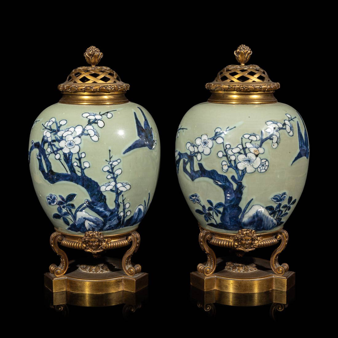 A Pair of Chinese Celadon Ground Blue and White Porcelain Jars with Later Ormolu Mounts, Porcelain: