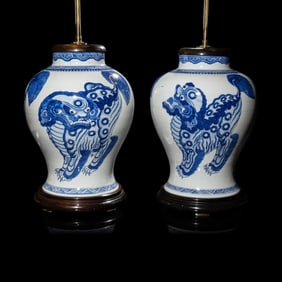 A Pair of Chinese Blue and White 'Buddhist Lion' Porcelain Jars, Kangxi Period or Later