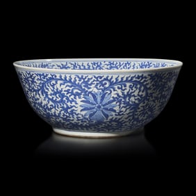 A Large Chinese Blue and White Porcelain 'Lotus Scrolls' Punch Bowl, Qing Dynasty, probably 18th