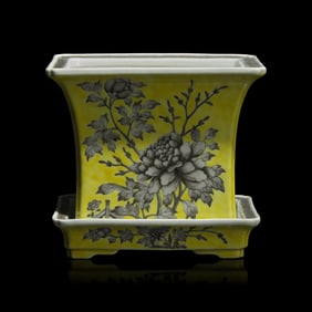 A Chinese Grisaille Decorated Yellow Ground Porcelain Rectangular 'Peony' Jardinière and Stand,