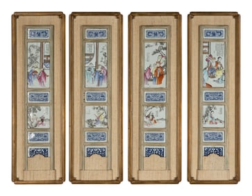 Four Chinese Famille Rose Porcelain Plaque-Inset Wall Panels, the Porcelain 19th Century 清