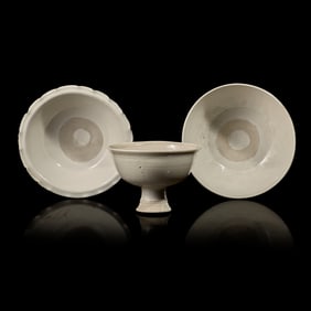 Two Chinese Huozhou White Glazed Bowls and a Stem Cup, Song Dynasty 宋 霍州&#31