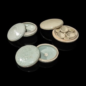 Three Chinese Qingbai Glazed Porcelain Boxes and Covers, Song Dynasty 宋 青白