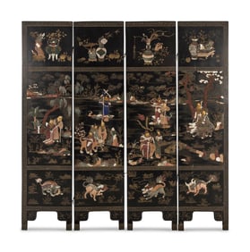 A Chinese Hardstone Inlaid Four-Panel Floor Screen, Late 19th-Early 20th Century 晚清