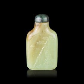 A Chinese Greenish Yellow and Russet Jade 'Scholars' Snuff Bottle, First Half of 19th Century