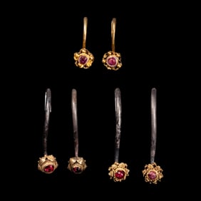 Three Pairs of Chinese Ruby Inset Gold and Silver 'Clove' Earrings, Dingxiang, Ming Dynasty 明