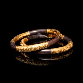 A Pair of Chinese Gold Mounted Rattan Bangles, Late Qing/Republic Period 晚清-民
