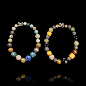 Two Chinese Agate, Jade, Metal, Turquoise, and Hardstone Beaded Necklaces, Duobaochuan, 19th-20th