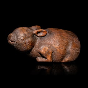 A Charming Chinese Bamboo Root Carving of a Rabbit, 19th Century 清晚期 竹