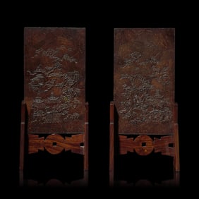 A Pair of Chinese Carved Coconut Veneered Table Screens 椰殼浮雕山