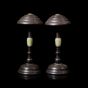 A Pair of Chinese Silver Wire-Inlaid and Jade-Mounted Hardwood Hat Stands, 20th Century 近