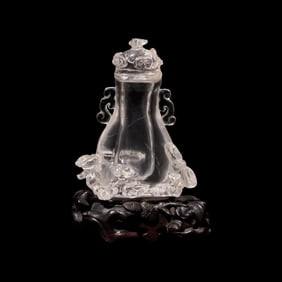 A Small Chinese Rock Crystal Vase and Cover with Wood Stand, Qing Dynasty  清 水晶
