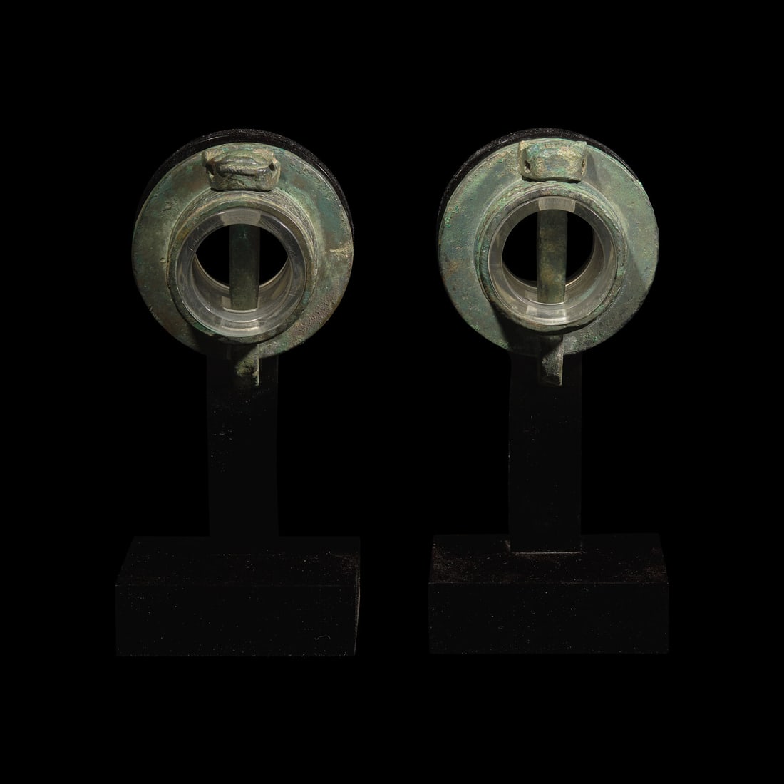 A Pair of Chinese Bronze Chariot Fittings, Warring States Period/Han Dynasty 戰國: A Pair of Chinese Bronze Chariot Fittings, Warring States Period/Han Dynasty 戰國-漢 青銅獸面紋車軎 Warring States Period/Han Dynasty Each c