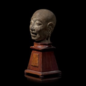 A Chinese Carved Stone Head of a Singing or Chanting Luohan, Song to Yuan Dynasty 宋-元