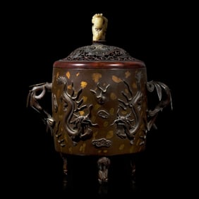 A Gold-Splashed Patinated Bronze Censer with Pierced Wood Cover, 19th Century 十九世紀