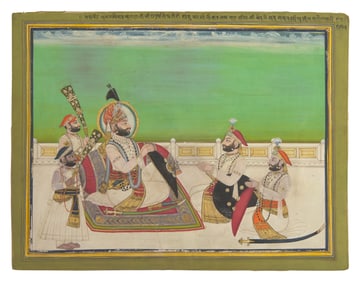 A Painting of Maharana Swarup Singh with Two Noble Men, Jodhpur, Rajasthan, Mewar School, Dated 1845