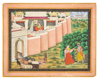 A Fine Painting of Radha Meeting Krishna at the Hour of Cowdust, Godhuli, Punjab Hills, 19th Century